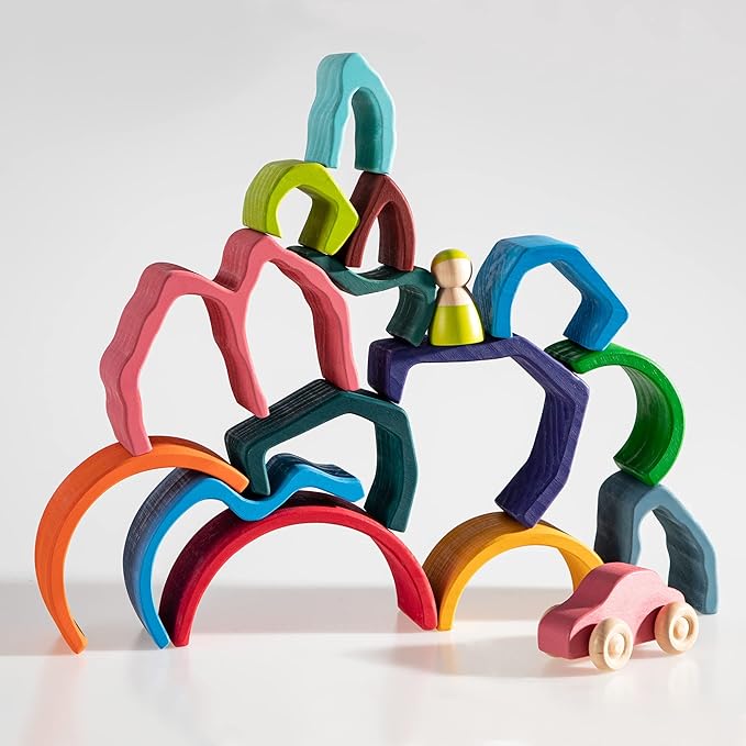Wooden Rainbow Stacking Toy, Fire Elements Wooden Stacker, Various Shapes Nesting Stacking Blocks, Waldorf & Montessori Open-Ended Education Toy for Kids/Toddlers