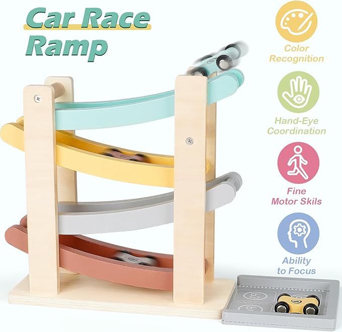 Car Ramp Toys for One Year Old Boy Birthday Gifts, Wooden Montessori Toys for 1 2 Year Old, Race Track Truck Toy with 4 Mini Cars/1 Parking Lot, First Christmas Birthday Gifts for Toddlers 1-3-2-4
