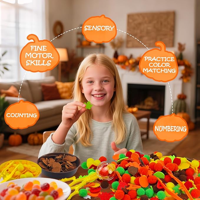 211 Pcs Fall Sensory Bin Filler Fall Sensory Bin Items Fine Motor Toys Counting Sorting 100 Pom Poms 100 Fall Felt Leaves Pumpkin 5 Sorting Cup for Fall Sorting Counting Training