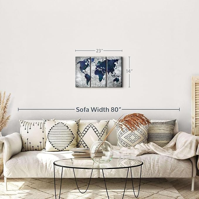ElephantStock Deep Blue World Map Multi Piece Canvas - 3 Panel Wall Decor - Map of the World Art - Canvas for the Office and Home - 23" X 14"