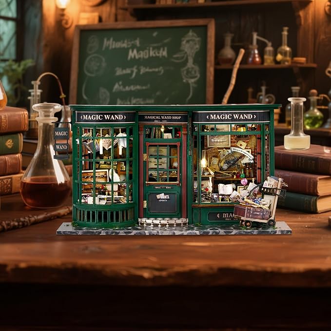 Fsolis DIY Miniature Dollhouse Kit for Adults - Tiny House Mini Bookshelf Scene Kit 3D Wooden Puzzles Gifts for Women Teenagers Craft Lovers (Magic Wand)