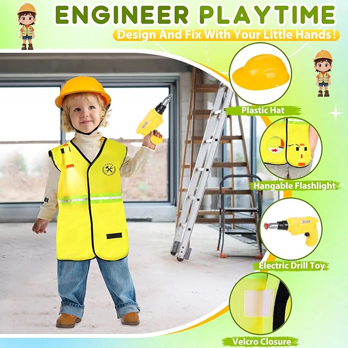 Toddler Dress Up Clothes, Kids Role Play Costumes 4 In 1 Set-Police Doctor Fireman Engineer for Boys Girls Aged 3-8, Career Dress Up Pretend Play Toys, Birthday Halloween Christmas Gifts