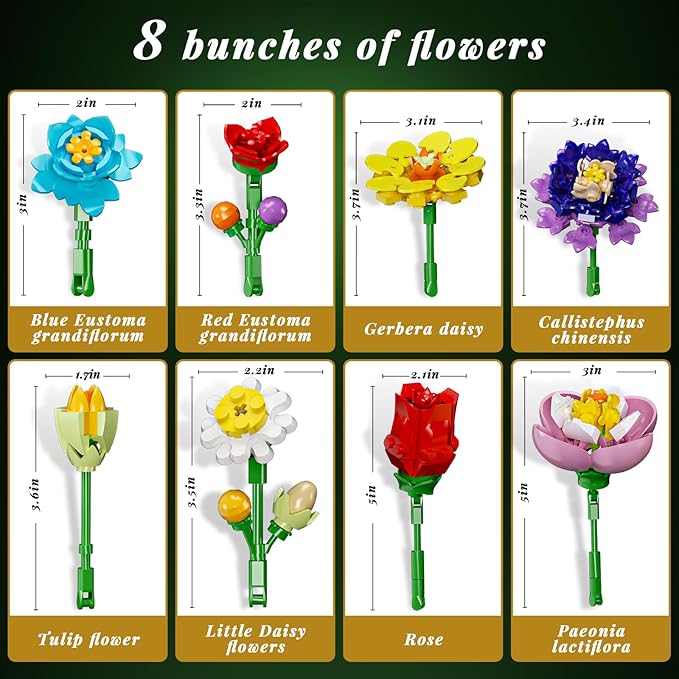 Floral Bouquet Building Set with Elegant Display Stand – Creative Artificial Flowers Kit for Home Decor, Mother’s Day & Valentine’s Gifts. Perfect for Ages 6+, a Thoughtful Present for Loved Ones!