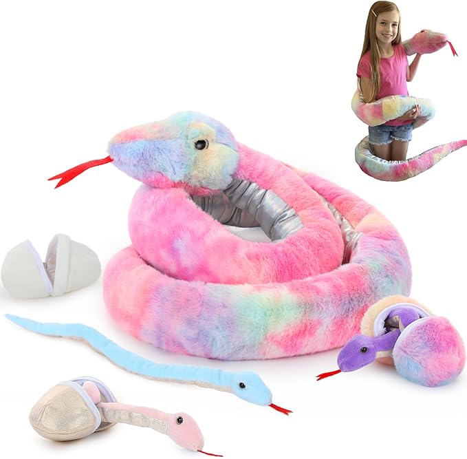 MaoGoLan 7Pcs Rainbow Snake Toys Stuffed Animals Bulk, Giant Plush Snake Mommy with 3 Babies & 3 Eggs Inside, Long Snake Plush Boa Constrictor for Kids Gifts Halloween Prank Props