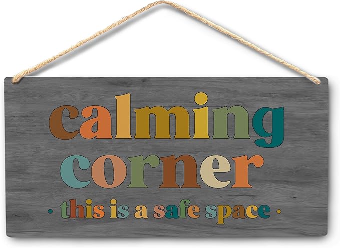 Calming Corner Hanging Wood Sign - Safe Space, Classroom Decor, School Counselor Office, Calm Down Corner Decorations, Boho Decor (Gray), 12x6