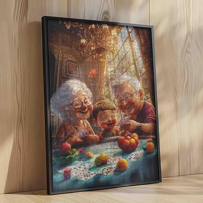 Happy Elderly Couple Playing Poker with Grandson 1000 Piece Jigsaw Puzzle for Adults Students Colorful Cards Fruit Living Room with Chandeliers Sunlight Large Windows 20×27 Inches Fun Home Decor