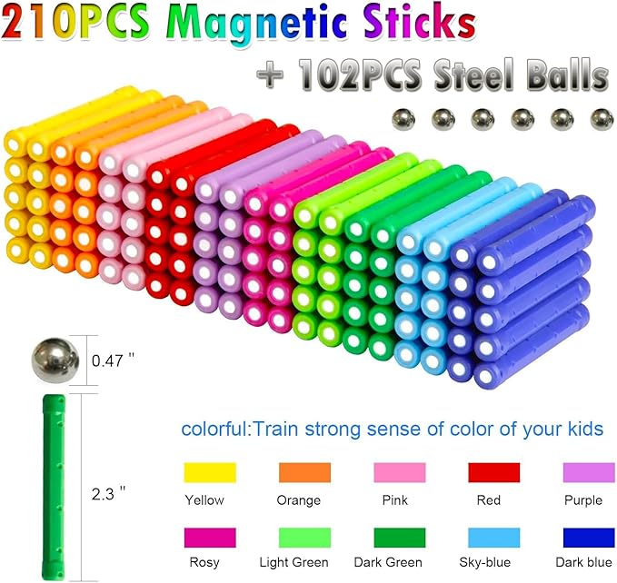 312PCS Magnetic Building Sticks Blocks Set, Magnet Educational Toys Magnetic Stacking Toys STEM Set, Non-Toxic Building Toy 3D Puzzle with Storage Bag
