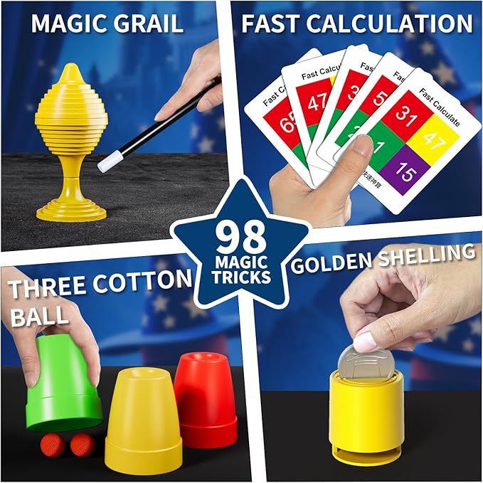 Magic Kit for Kids 6-8-10-12, 98 Magic Tricks Set for Kids with Magician Costume and Magic Wand, Halloween Christmas Birthday Gifts Toys Magic Set for Ages 4 5 6 7 8 9 10 11 12 Years Old Boys Girls
