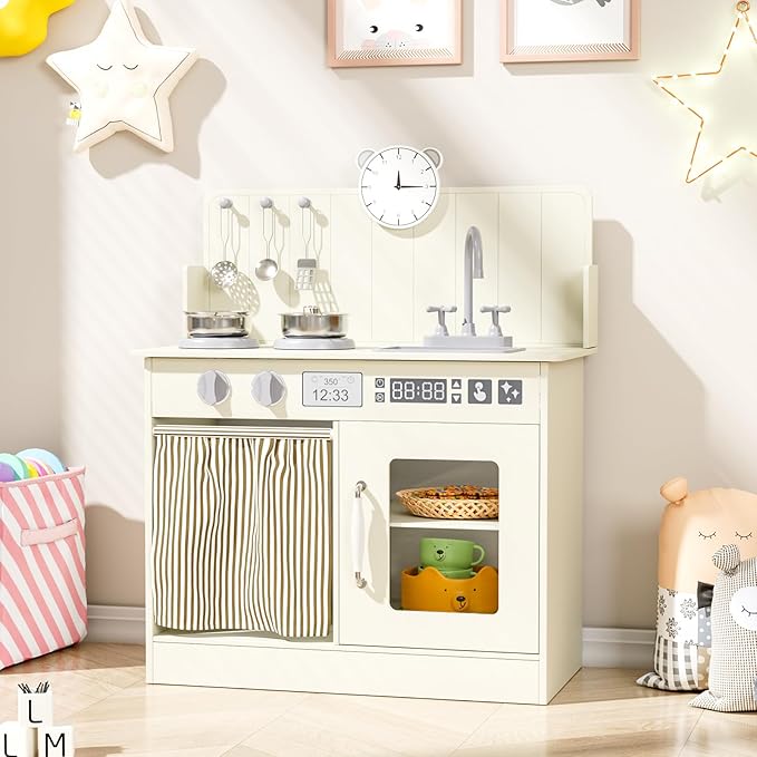 MAMIZO Kids Kitchen Playset with Ample Storage, Interactive Play Kitchen with Simulated Gas Cooker, Clicking Knobs, Sink, Faucet, 6 Pcs Cookware, Educational Clock for Toddlers (Cream)