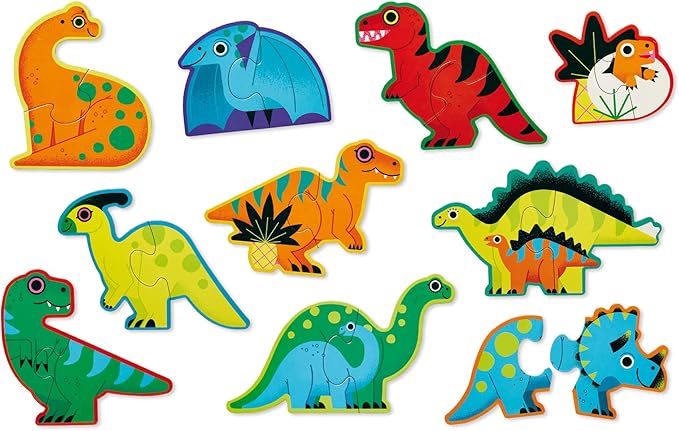Crocodile Creek Let’s Begin Puzzle - Ten 2-Piece Beginner Puzzles for Ages 2 and Up - Heavy-Duty Storage Canister with Handle - Colorful Dinosaurs Design - Each Puzzle is 6" L x 4" H Finished