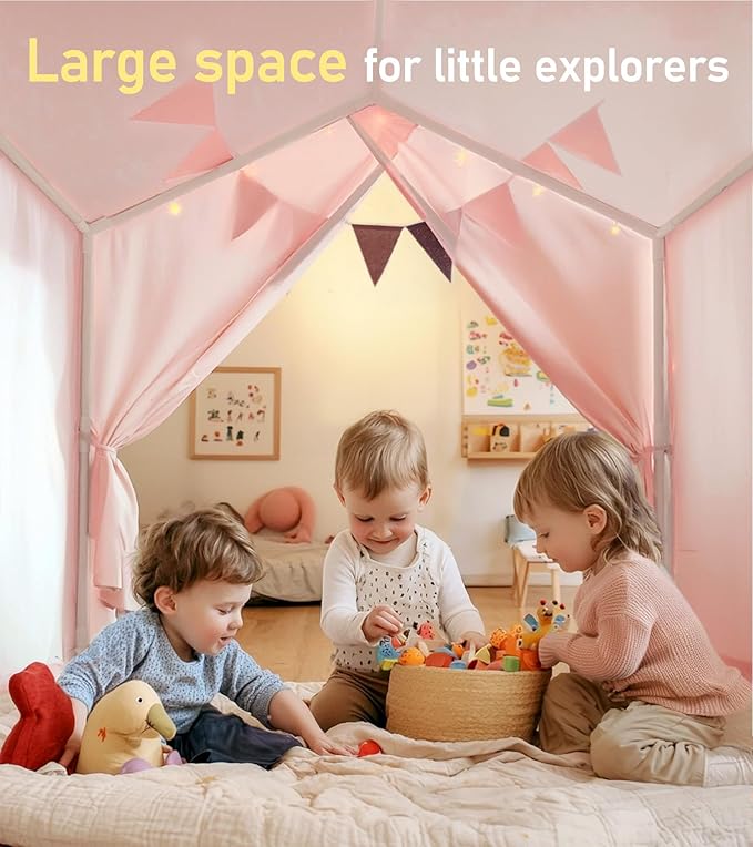 Kids Tent, Play Tent with Star Lights, Large Play Tents with 2 Windows, Kids Playhouse Indoor & Outdoor, Reading Nook, Christmas Toddler Tents for Girls & Boys, 52" x35" x 51", Pink