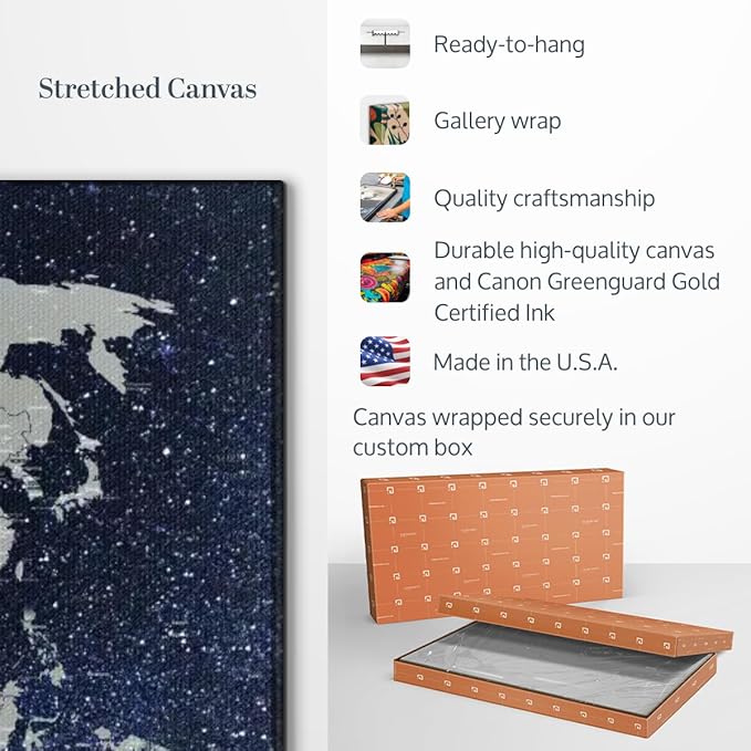 ElephantStock Starry World Map Multi Piece Canvas - 3 Panel Wall Decor - Map of the World Art - Canvas for the Office and Home - 23" X 14"