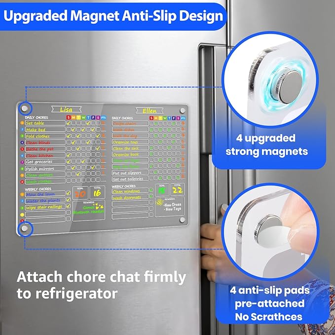 PigPotParty 2-in-1 Acrylic Magnetic Chore Chart for 2 Kids, Couples, Roommates, 15"x11" Large Dry Erase Chore Board for Fridge, Clear Weekly & Daily Reward Chart, Includes 12 Markers & Towel