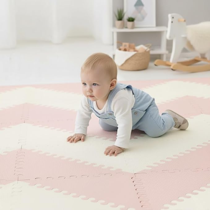 Little fun times Play Mat for Baby Large 72 Pieces, Assembled Total 64 x 64 inch 28,4 SqFt, Interlocking Floor Puzzle, EVA Tiles Playmat for Toddler and Kids, Two Colors Design with Edges.