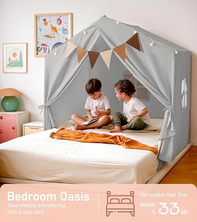 Kids Tent, Play Tent with Star Lights, Large Play Tents with 2 Windows, Kids Playhouse Indoor & Outdoor, Reading Nook, Christmas Toddler Tents for Girls & Boys, 52" x35" x 51", Gray