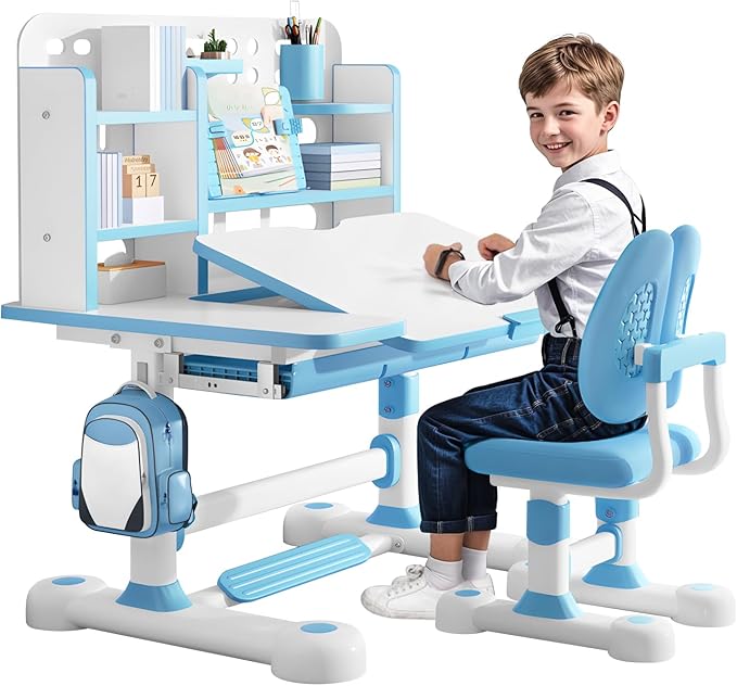 2025 NEW Kid's Study Desk and Chair Set, Ergonomic Height Adjustable Children Study Desk with Tilt Desktop, Book Stand, Light, Metal Hook and Storage Drawer,Gift for Boys Girls (Blue 119cm lean)