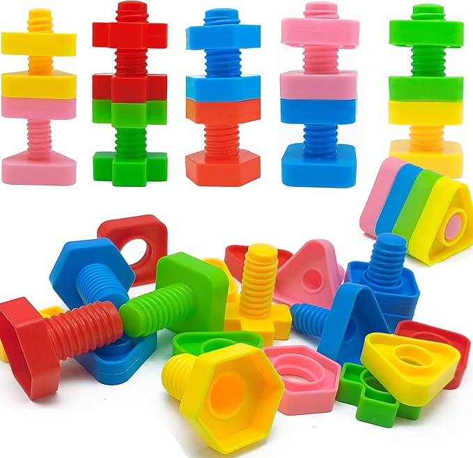 Jumbo Nuts and Bolts for Toddlers - 40 Pcs Screw Toys for Toddlers 1-3 - Occupational Therapy Toy with Storage Tote and Book - Shape Sorter Fine Motor Toy - Manipulatives for Preschoolers