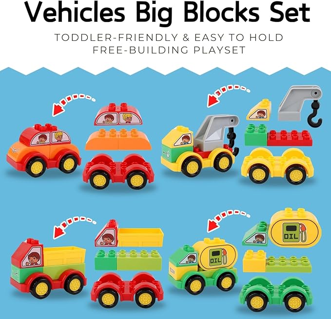 Liberty Imports 70 Pcs Toddlers Car Big Building Blocks Set, 12Pcs Different Vehicles, Kids Build Your Own Toy Cars, Compatible with Major Brands