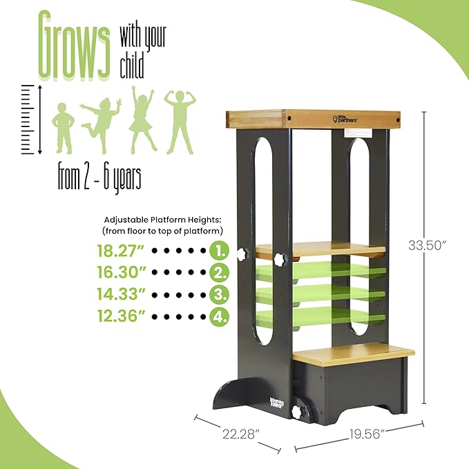 Little Partners Foldable Toddler Tower, Learning Tower Explore 'N Store Montessori Standing Kitchen Tower with Folding Step Stool Platform for Cooking and Learning, Ages 2+ (Charcoal)