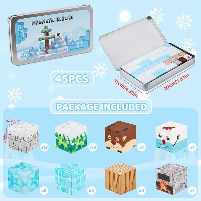 Mini Magnetic Blocks, Travel Magnet Building Toys for Kids, 45 PCS Magnetic Block Toys with Iron Box, Educational STEM Toys for Boy Girl Age 3 4 5 6 7 8 Years Old