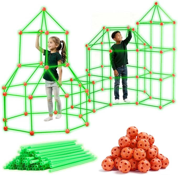 Tiny Land Glow Fort Building Kit for Kids Creative Fort Indoor & Outdoor Construction Toys with 86 Rods and 44 Balls for 5-12 Year Old Boys & Girls STEM Building Toy Gifts with Storage Bag