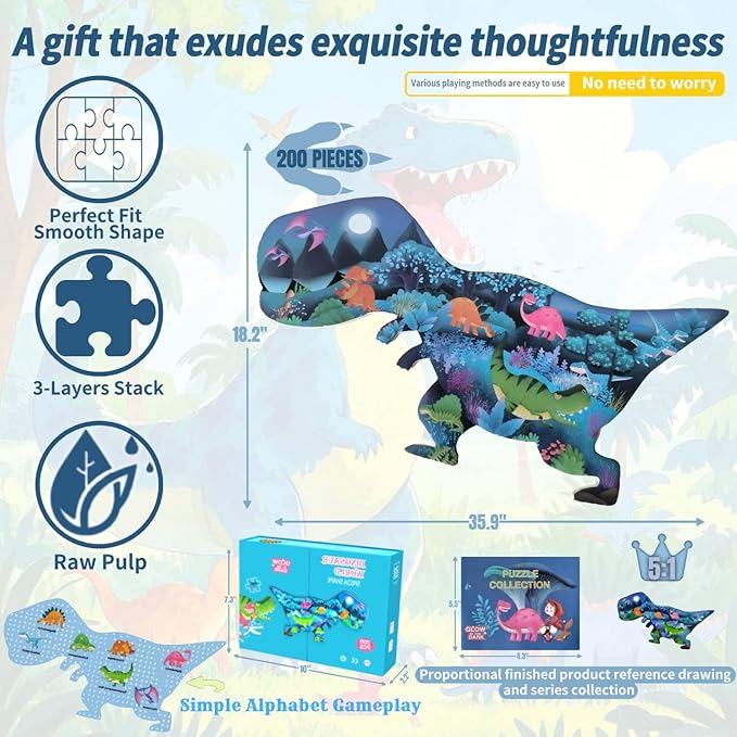 OLMZIHYVD Jigsaw Puzzles for Kids Ages 4-8, 200 Pieces Glow in The Dark Dinosaur Floor Puzzle, Educational Gifts for Boys Girls and Animal Lovers, Ideal for Indoor and Outdoor Play, 35.9" × 18.2"