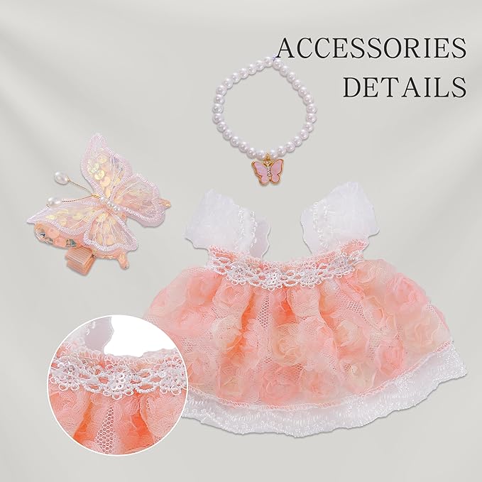 17cm Doll Clothes Set & Dolls Outfit 3-Piece Handmade Doll Clothing Set with Dress Necklace and Butterfly Decoration Accessories for 17cm Plush Dolls, Clothes Only, No Doll Included (Pink C)
