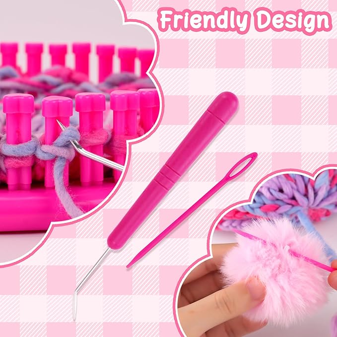 AHCo. Knitting Loom Kit for Girls Ages 6 7 8 10 11 12 – DIY Yarn Craft Set with Looms, Hooks, Storage Bag and Tools, Create Hats, Scarves, Coasters – Fun Gift for Beginners and Kids (Rose)