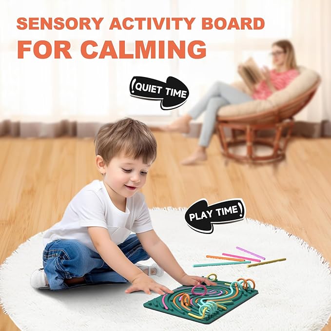 Sensory Fidget Toys for Kids,Silicone Sensory Activity Board for Stress,Anxiety,ADHD & Autism,Soft Worry Toys for Calm Down Corner Supplies,Play Therapy,Portable Travel Bag & 15 Strings (Green)