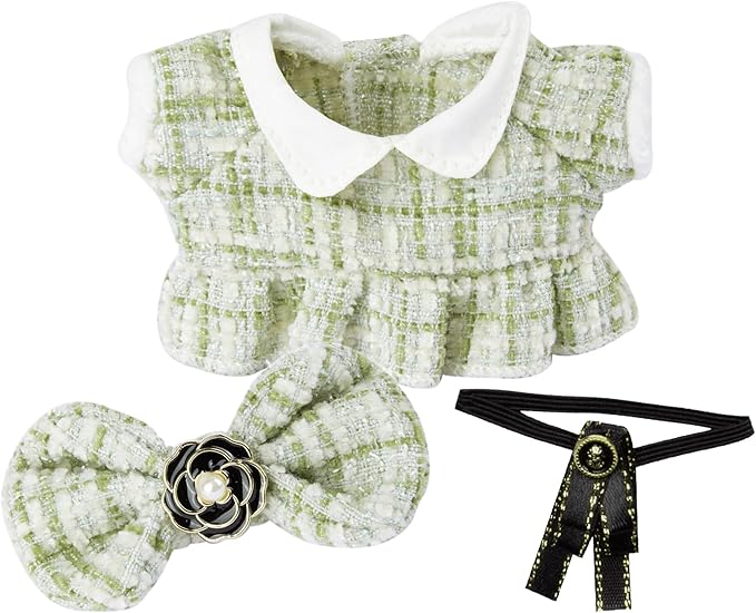 17cm Doll Clothes for Labubu - Luxury Chic Style Set for 17cm Dolls, Premium Doll Outfit with Accessories - Green Plaid Tweed Dress + Black Necktie + Plaid Bow (Clothes Only)