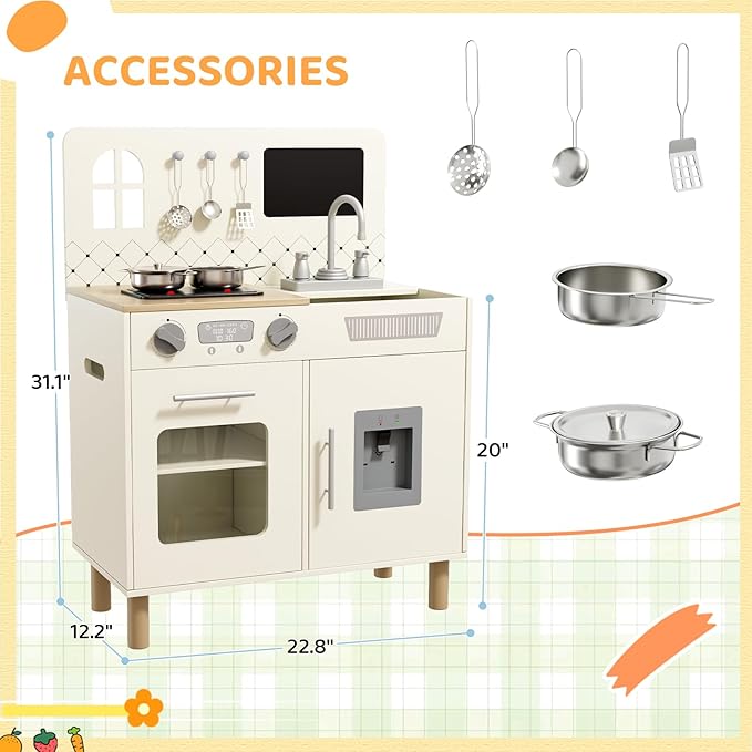 MAMIZO Wooden Kids Play Kitchen Set with Real Lights & Sounds, Interactive Pretend Kitchen with Knob Sounds, Sink, Water Dispenser, 6 Pcs Cookware & Chalkboard Panel for Toddlers and Children (Cream)