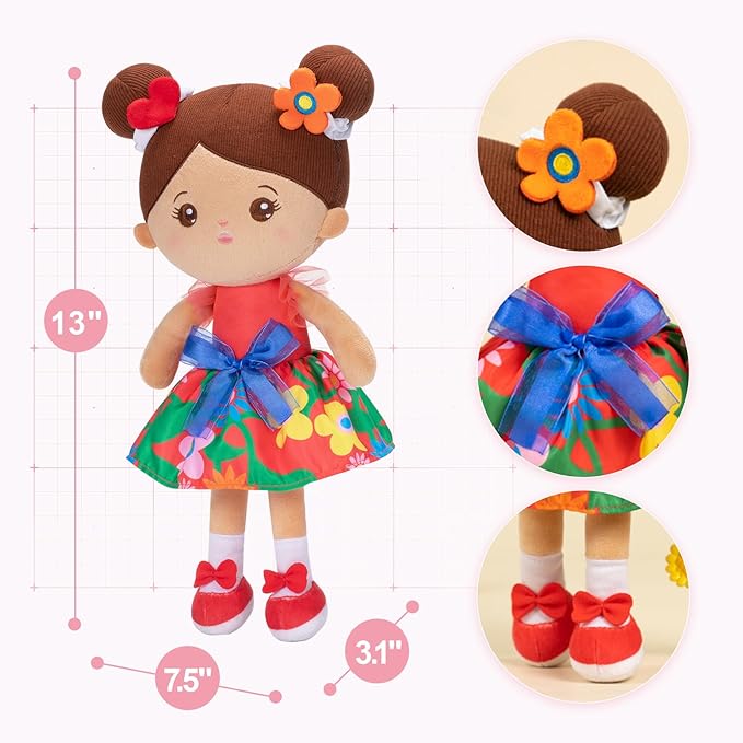 OUOZZZ 13" Soft Baby Doll Toys for 1 + Year Old Girl Gifts, Hispanic Doll Birthday Gifts for 1 Year Old Girl Christmas Plush Toys Gift for Toddler Kids Brown Skin