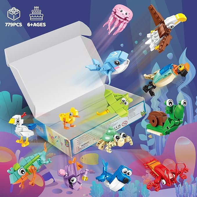 24 Packs Party Favors for Kids – 779 PCS 6-in-1 & 12-in-1 Animal Building Blocks Set with Animal Cards – Goodie Bag Fillers, Classroom Prizes, Birthday & Christmas Gifts for Kids Ages 6-12