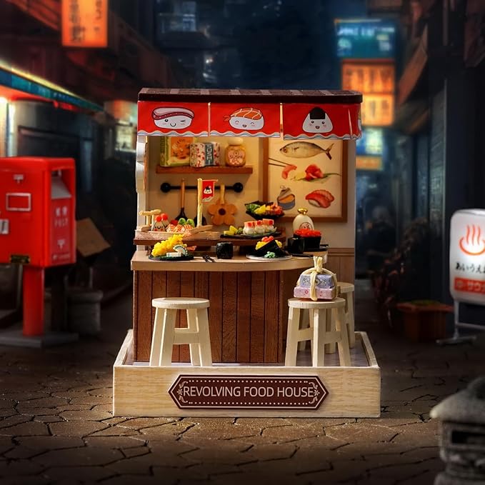 Miniature House Kit, CUTEROOM Tiny House Kit Wooden Dollhouse Kit Mini House Making Kit with Dust Cover, DIY Sushi Dollhouse Kit Birthday Gift (Food House)