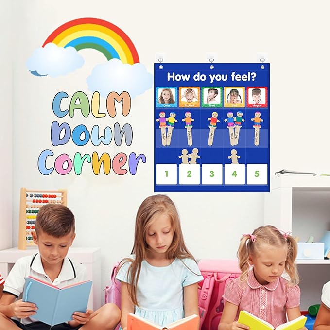 Feelings Pocket Chart for Classroom, Emotions Chart with 36 Cards, Social Emotional Learning & Regulation for Kids, Autism Learning Materials, Homeschool Calm Down Corner Supplies (Blue)