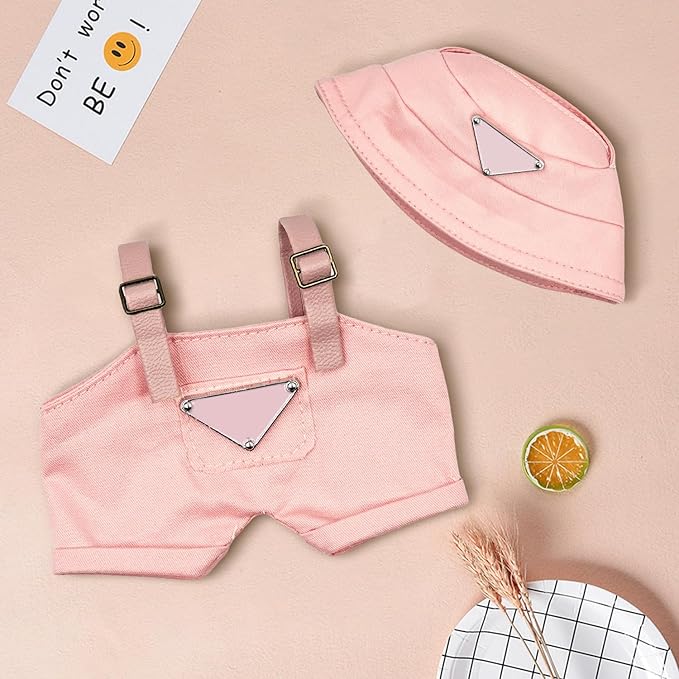 Clothes for 6.7in Plush Doll(NO Doll), Hat & Overalls Set with Triangular Badge, Handcrafted 2-Piece Clothes Set, Fashion Cute Outfit for Dolls Accessories(Pink)