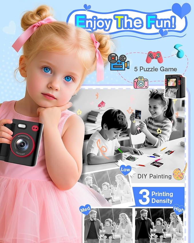 Instant Print Camera for Kids - Classic Black Digital Camera for 3-12 Year Olds, 1080P HD with 32GB SD Card, Selfie Mode & Durable Design, Ideal Christmas Birthday Gift, Portable Travel Toy