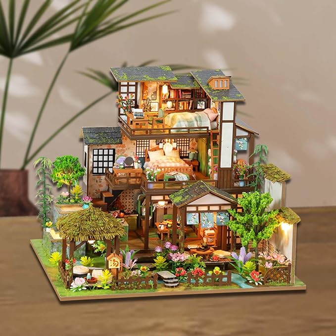 Miniature House Kit, Tiny House Kit with Light, DIY Mini House Building Kits for Adults to Building, Unique Gift for Birthday Christmas, Bamboo Spring Courtyard