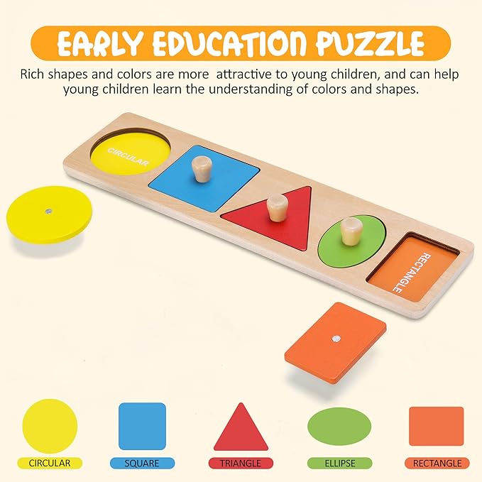 Montessori First Jumbo Knob Wooden Shape Puzzles for Toddlers,Montessori Multiple Peg Shapes Puzzle Sorter Board for Baby Kids Boy Girl,Preschool Learning Peg Puzzle Board Toys