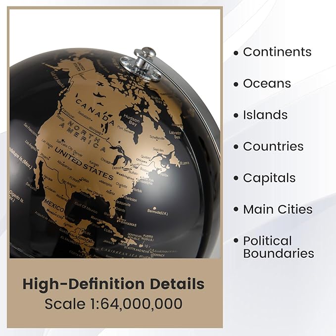 Goplus 8-Inch Metallic Black World Globe, Rotating Earth Globe w/Metal Stand, Modern Desktop Decoration for Home, Office (Black + Gold)