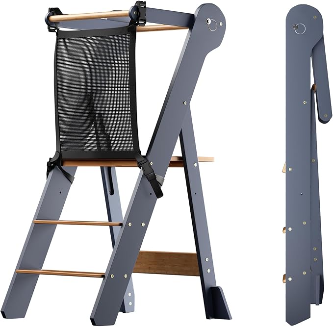 COSYLAND Foldable Toddler Kitchen Stool Helper - Height Adjustable Standing Tower for Bathroom Sink or Kitchen Counter - Step Stool for Toddlers Ages 18 Months to 6 Years Gray & Natural
