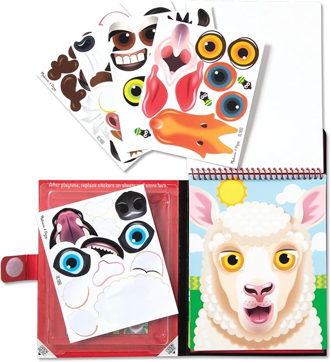 Melissa & Doug On The Go Make-a-Face Reusable Sticker Pad Travel Toy Activity Book – Farm Animals (10 Scenes, 76 Cling Stickers)