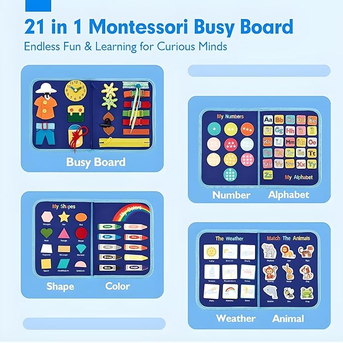 Montessori Busy Book I Toddler Busy Board I Travel Toys for Toddlers 2-4 Quiet Sensory Activity Board I Fine Motor Skills Learning Shapes Colors Animals I Gift Toys For Boys -8 Pg, Blue
