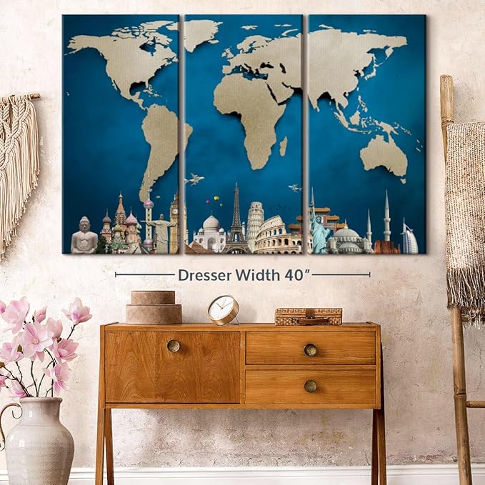 ElephantStock Ocean Blue World Map Multi Piece Canvas - 3 Panel Wall Decor - Map of the World Art - Canvas for the Office and Home - 57" X 36"