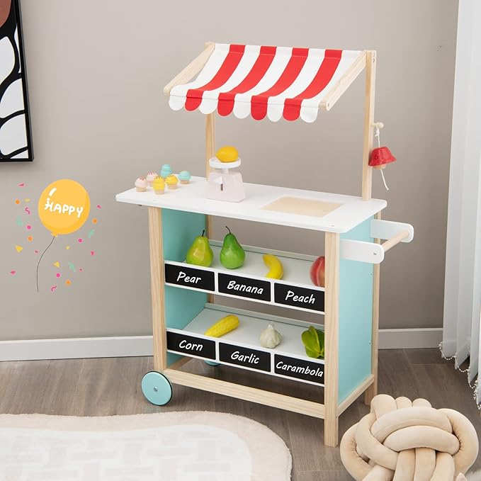 Costzon Kids Pretend Play Grocery Store, Wooden Ice Cream Cart Toy Set for Kids with Ice Cream Making Counter, Scale, Bell, Display Shelves, Black Board, Canopy, Solid Wooden Wheels, Gift for Toddlers