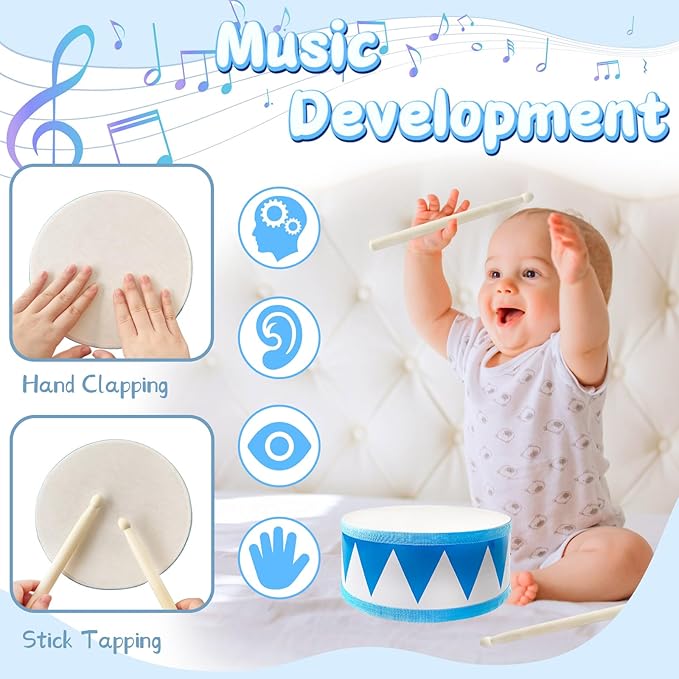 Kids Drum Set,8 Inch Wooden Drum Toys,Educational Baby Musical Toy with an Adjustable Strap and 2 Drumsticks,Sensory Musical Instrument Toys for Toddler,Kids,Boys & Girls