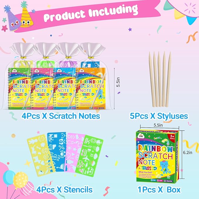 ZMLM Scratch Art Party Favors: 4 Pcs Birthday Gifts Goodie Bags Stuffers Rainbow Scratch Paper Craft Notebooks for Kids 4-8 Classroom Prize Students End School Supplies Toy Girls Boys Return Gift