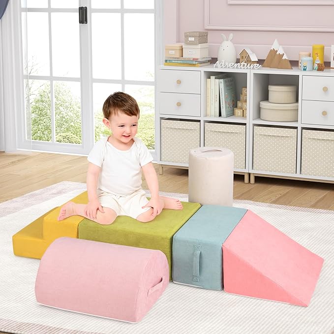Costzon Toddler Climbing Toys Indoor, 6 Pieces Foam Climbing Blocks for Baby Inside with Skin-Friendly Chenille Fabric, 30D High-Density Foam & Carrying Handles, Soft Play Climbing for Toddlers (Pink)