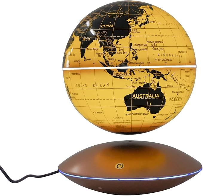 Floating Magnetic Levitation LED Globe, 6 Inch, Gold, Political Map, Metal Base