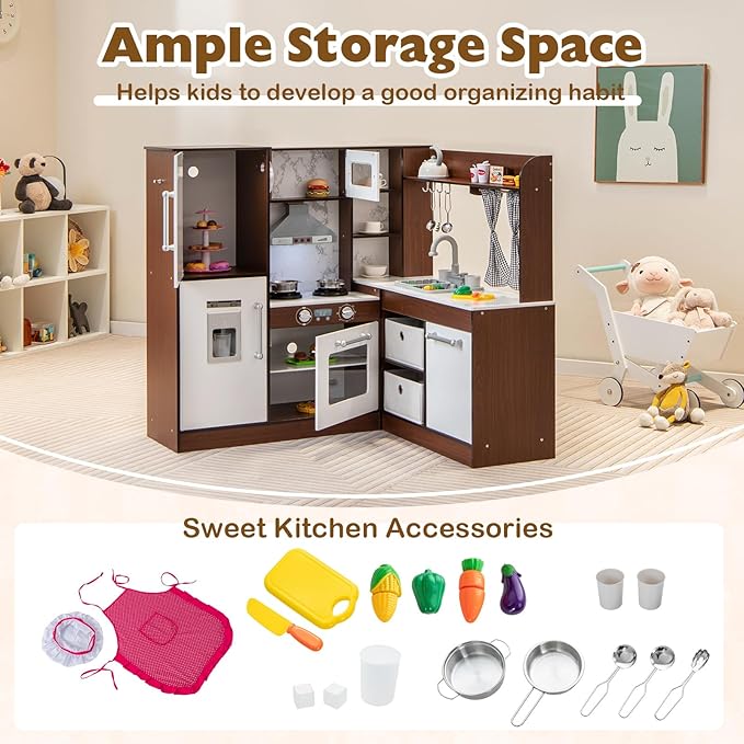Costzon Kids Kitchen Playset, Toddler Pretend Toy Cooking Set w/Real Lights & Sounds, Sink & Faucet, Ice Maker, Microwave, Oven, 18 Cooking Accessories, Corner Play Kitchen for Kids Ages 3+ (Coffee)